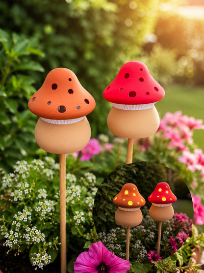 Pilz Gartenstecker | 2er Set | LED Teelicht Deko | Fairy Garden | 3D Druck Gartendeko | Braunkappe | Schwammerl | Fliegenpilz