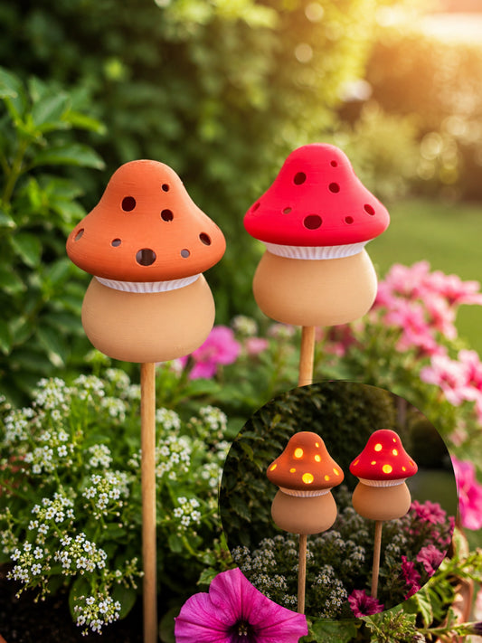 Pilz Gartenstecker | 2er Set | LED Teelicht Deko | Fairy Garden | 3D Druck Gartendeko | Braunkappe | Schwammerl | Fliegenpilz